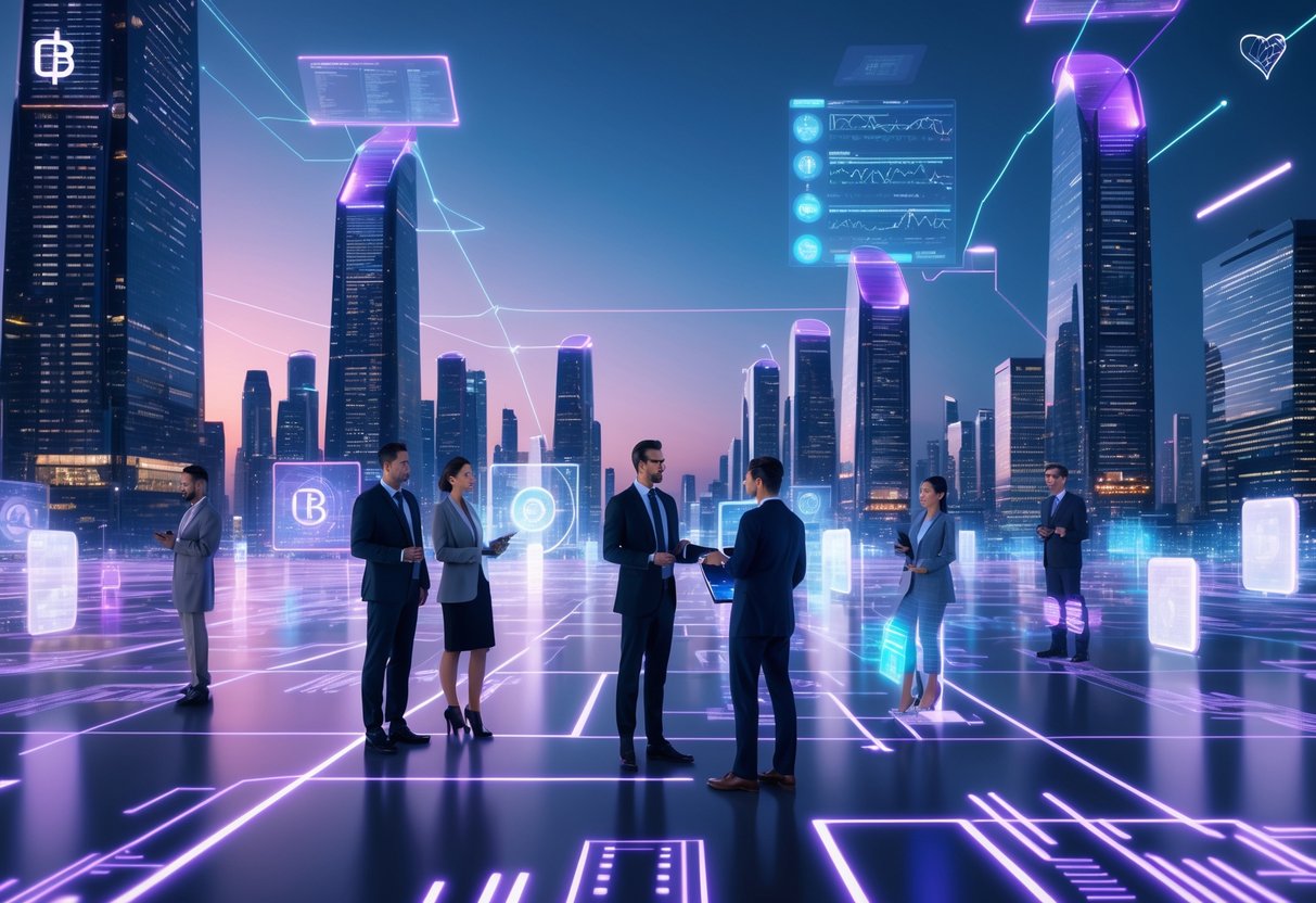 A futuristic city with glowing skyscrapers and professionals interacting with holographic screens displaying digital data streams.