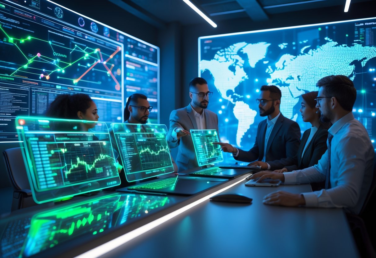 A group of professionals analyzing digital screens showing blockchain networks and cryptocurrency data in a modern workspace.