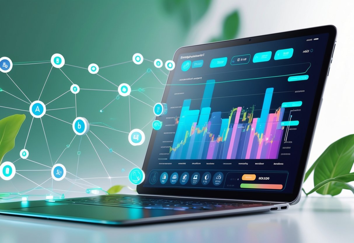 A laptop showing cryptocurrency charts and digital tokens with abstract blockchain network elements around it on a clean background.