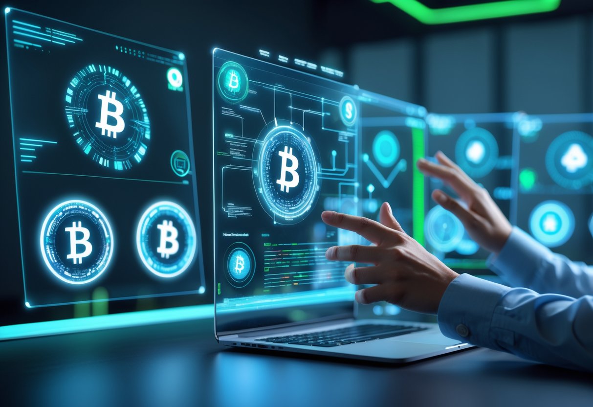 A person interacting with holographic cryptocurrency tokens and blockchain data in a modern digital workspace.