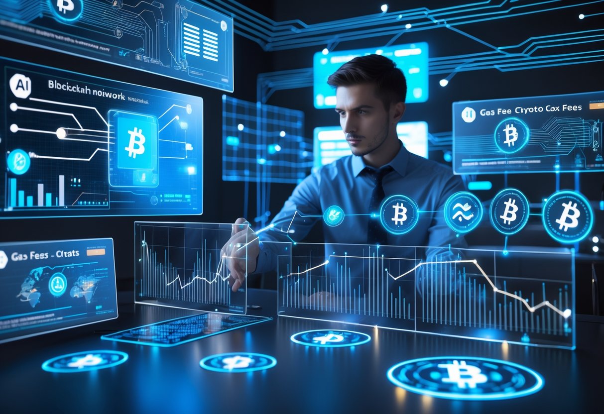A person interacting with digital screens showing blockchain networks, cryptocurrency icons, and charts related to low gas fees and AI crypto tokens.