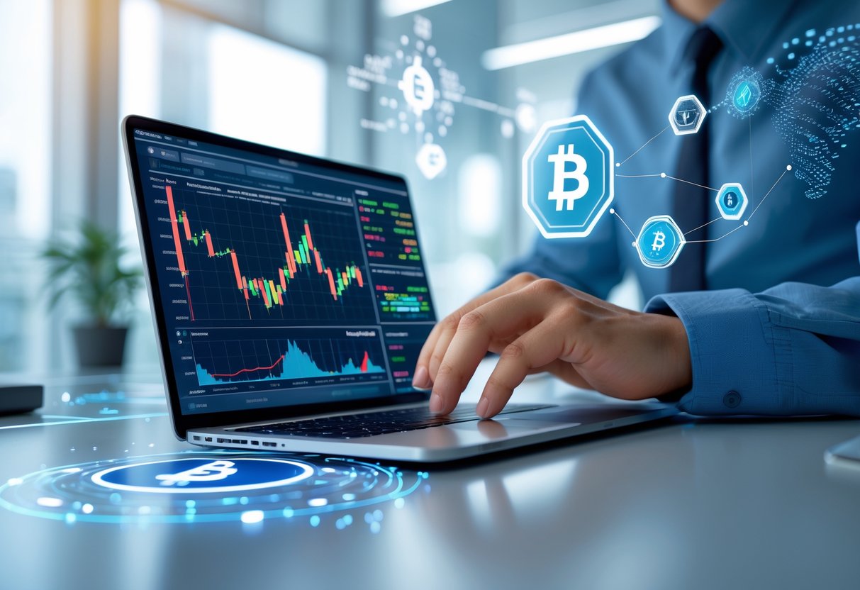 A person working on a laptop displaying cryptocurrency charts and digital icons related to AI and crypto tokens in a modern office setting.