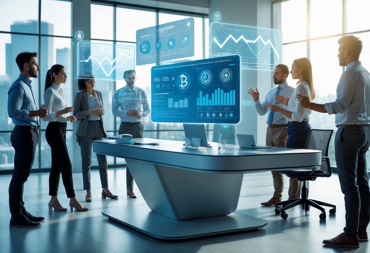 A group of professionals discussing cryptocurrency lending data displayed on holographic screens in a modern office with a city view.