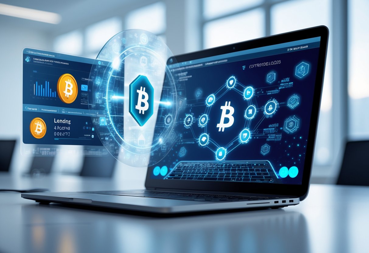 A modern workspace with a laptop showing digital cryptocurrency graphics and holographic interfaces representing crypto lending platforms.