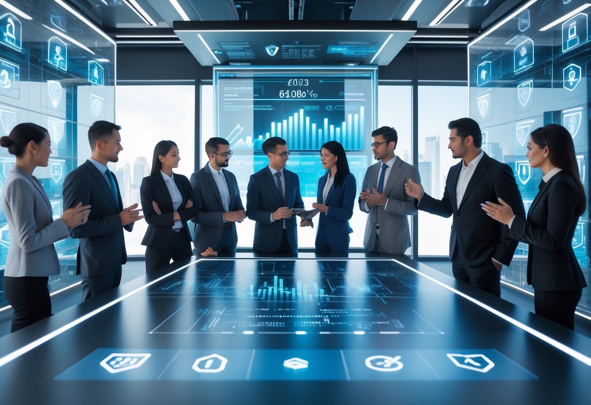 A group of professionals analyzing cryptocurrency data on holographic screens in a modern office setting.
