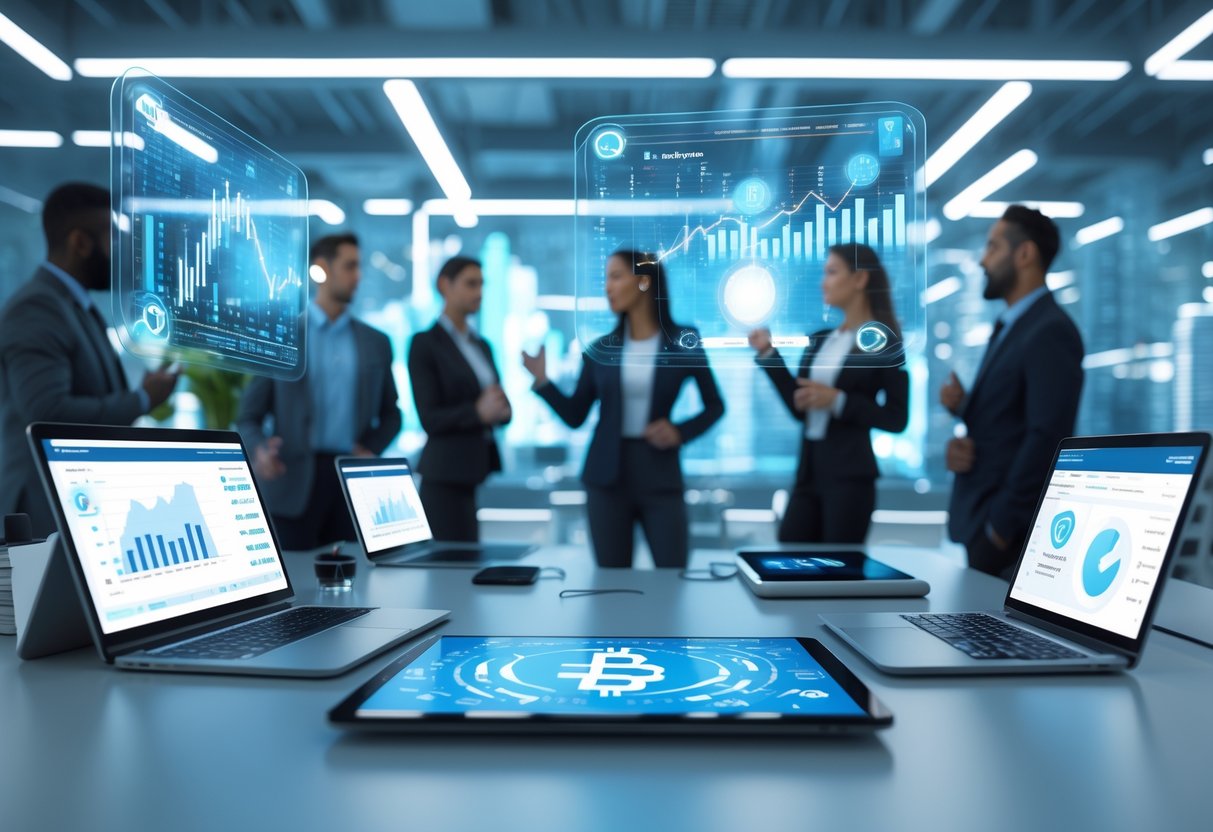 A group of professionals discussing cryptocurrency data on digital devices in a modern office with a futuristic cityscape in the background.