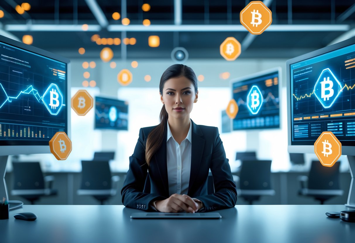 A young professional woman at a modern desk with digital screens showing cryptocurrency symbols and security icons in a high-tech office.