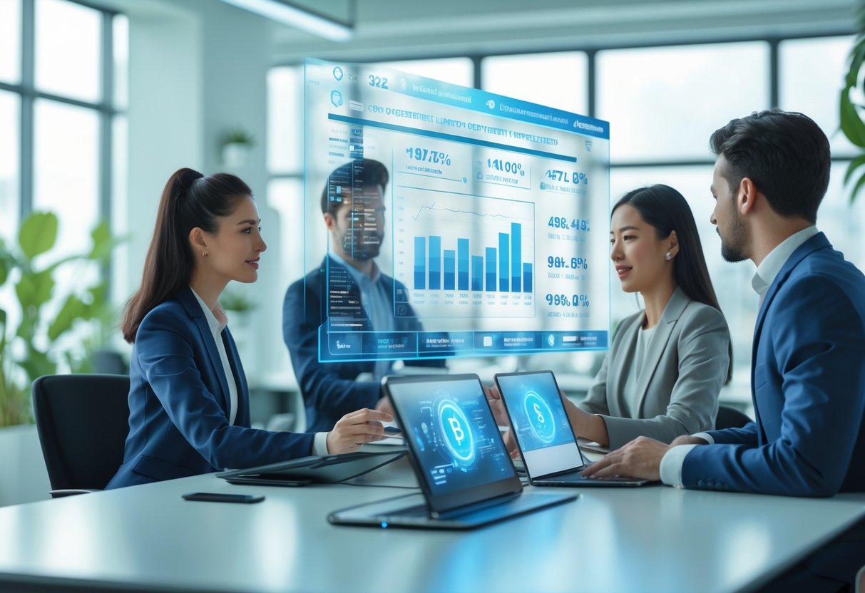 Young professionals analyzing cryptocurrency financial data on digital screens in a modern office environment.
