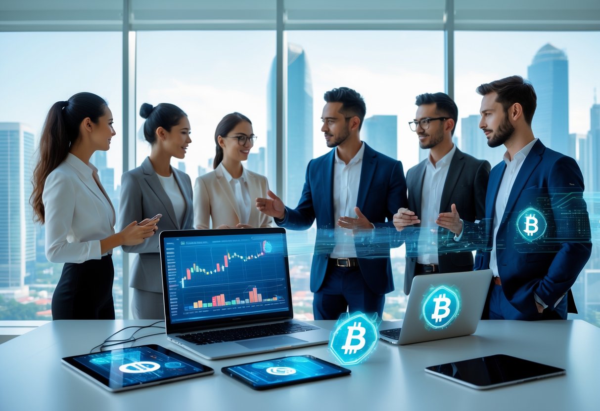 A group of professionals discussing cryptocurrency lending at a modern office desk with digital devices showing financial charts and stablecoin icons.