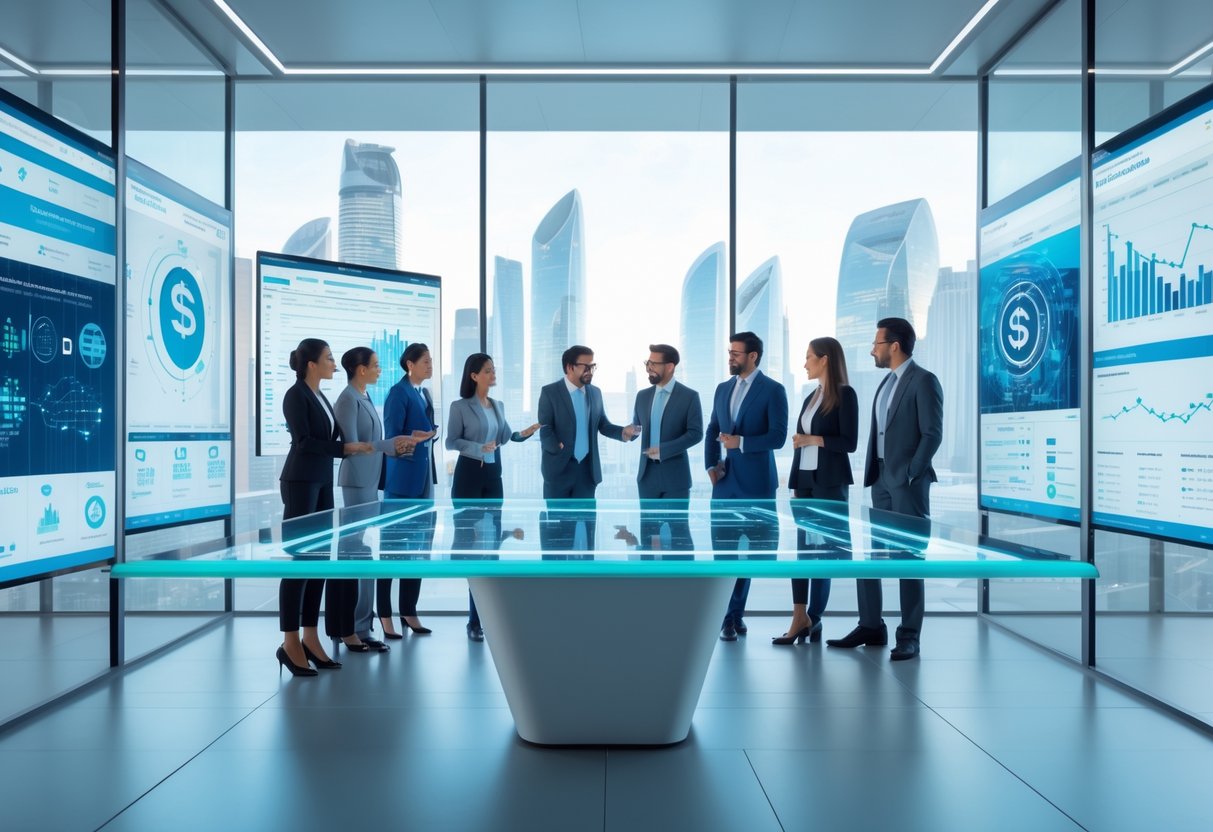 A group of professionals discussing financial data on transparent digital screens in a modern office with a city skyline in the background.