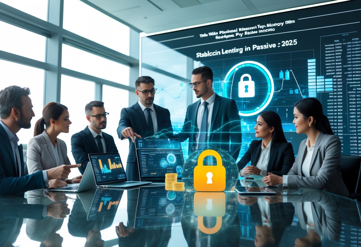 A group of business professionals around a conference table reviewing digital devices showing cryptocurrency charts and financial data in a modern office.