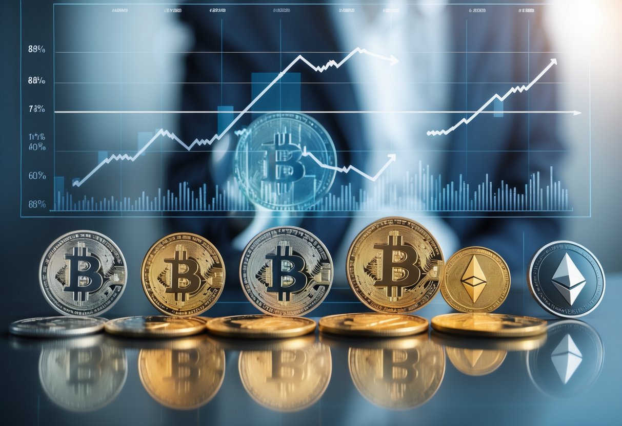 Close-up of various cryptocurrency coins on a desk with digital financial charts showing upward trends in the background.