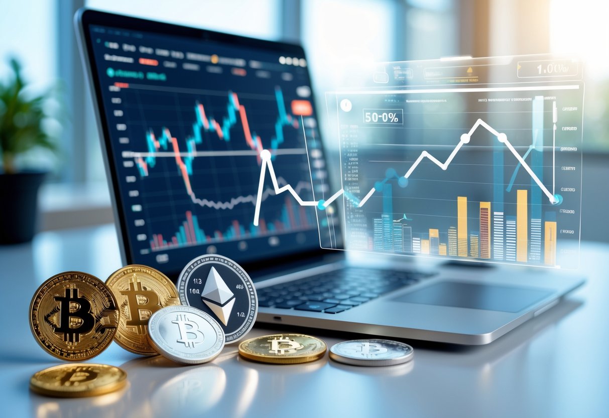 A workspace with a laptop showing cryptocurrency charts surrounded by physical crypto coins and digital financial data floating in the background.