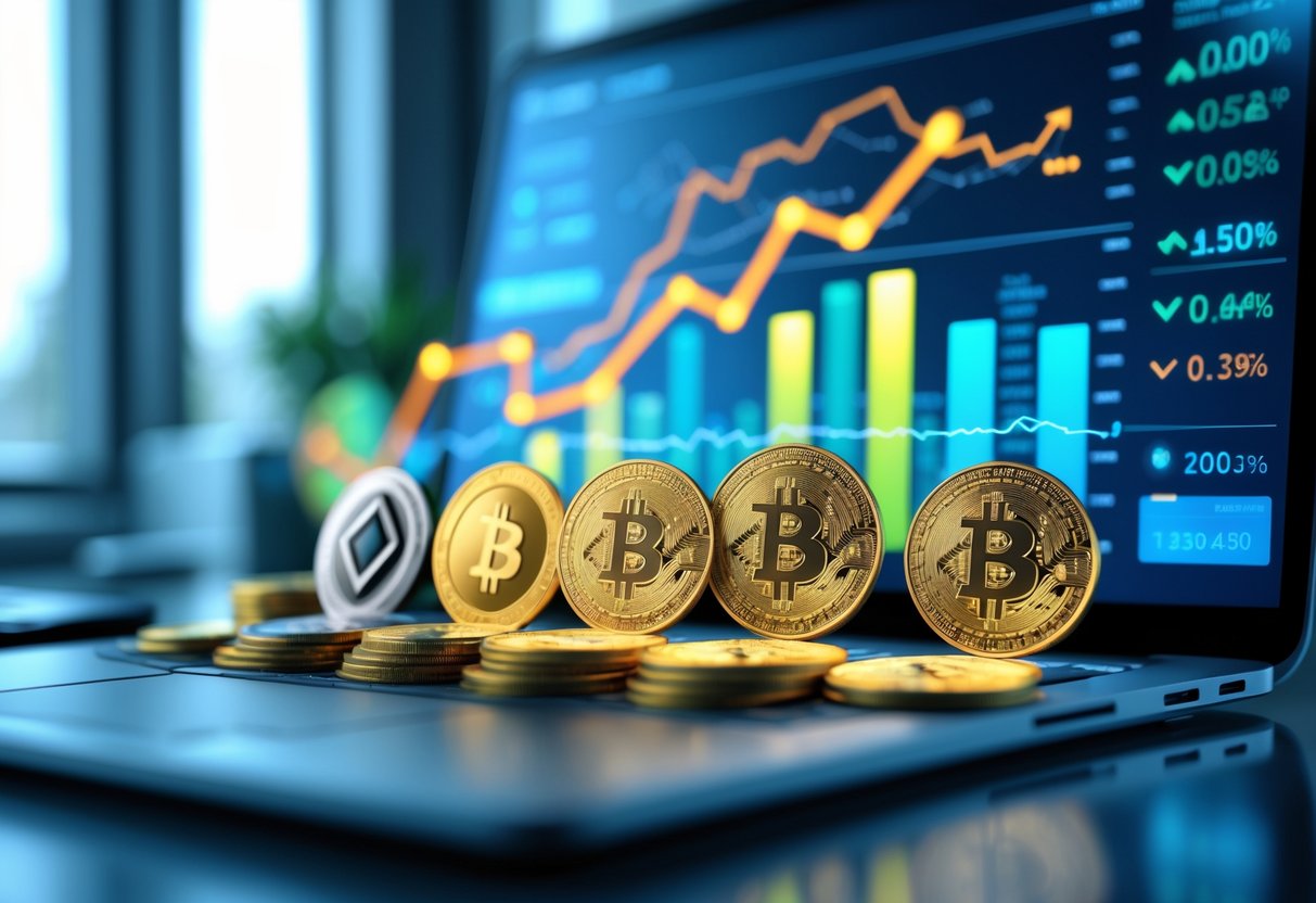 Digital display of various cryptocurrency coins with financial charts and data representing high lending rates in a modern workspace.