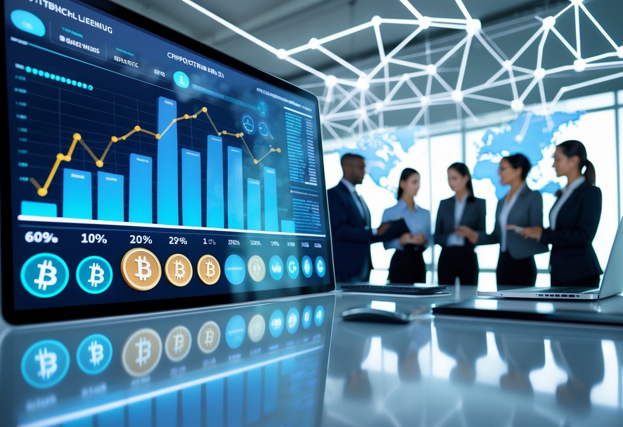 A group of professionals analyzing cryptocurrency lending rates on digital screens with charts and coin icons in a modern office.
