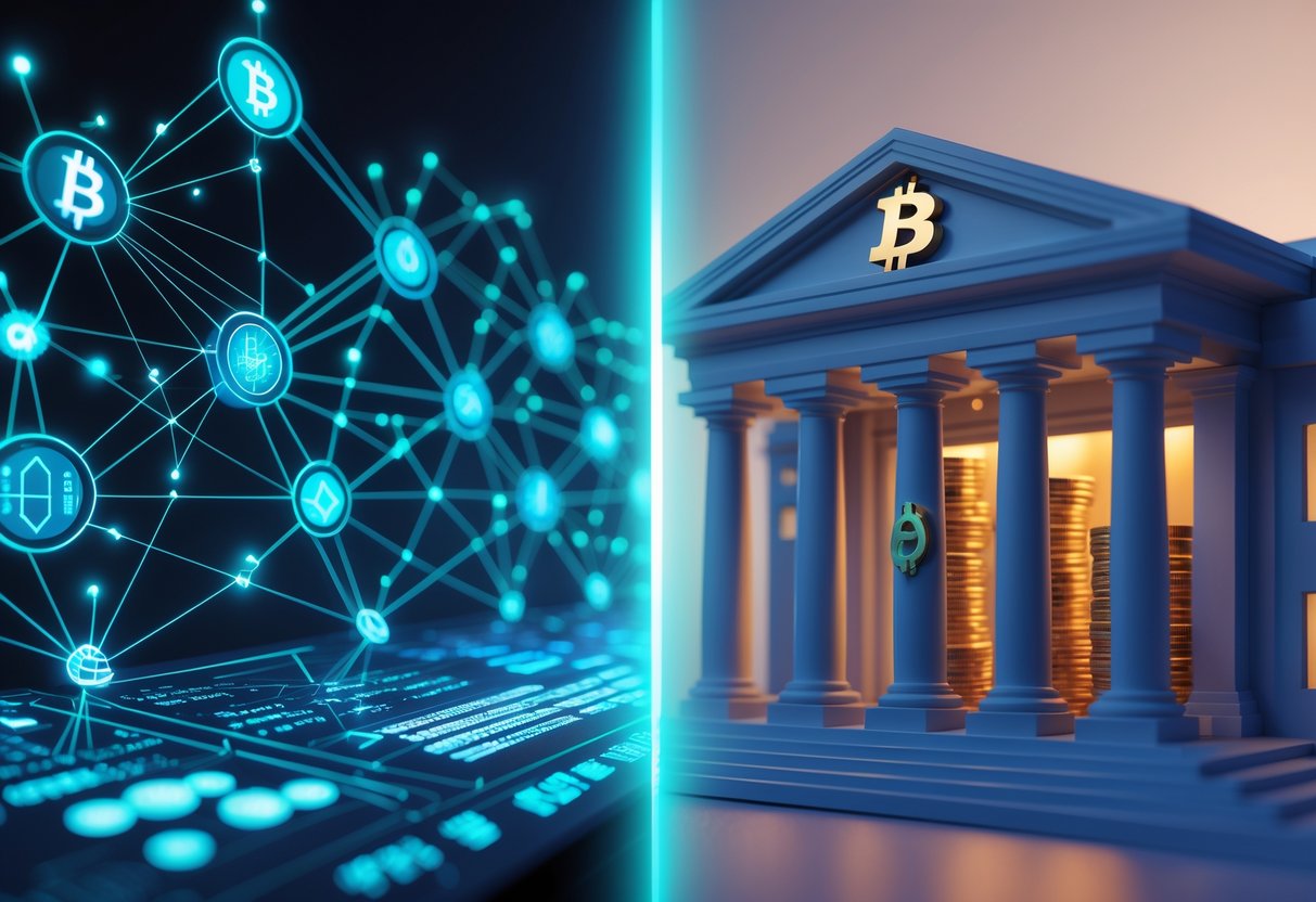Split image showing a digital blockchain network on one side and a modern bank building on the other, illustrating the difference between decentralized and centralized crypto lending.