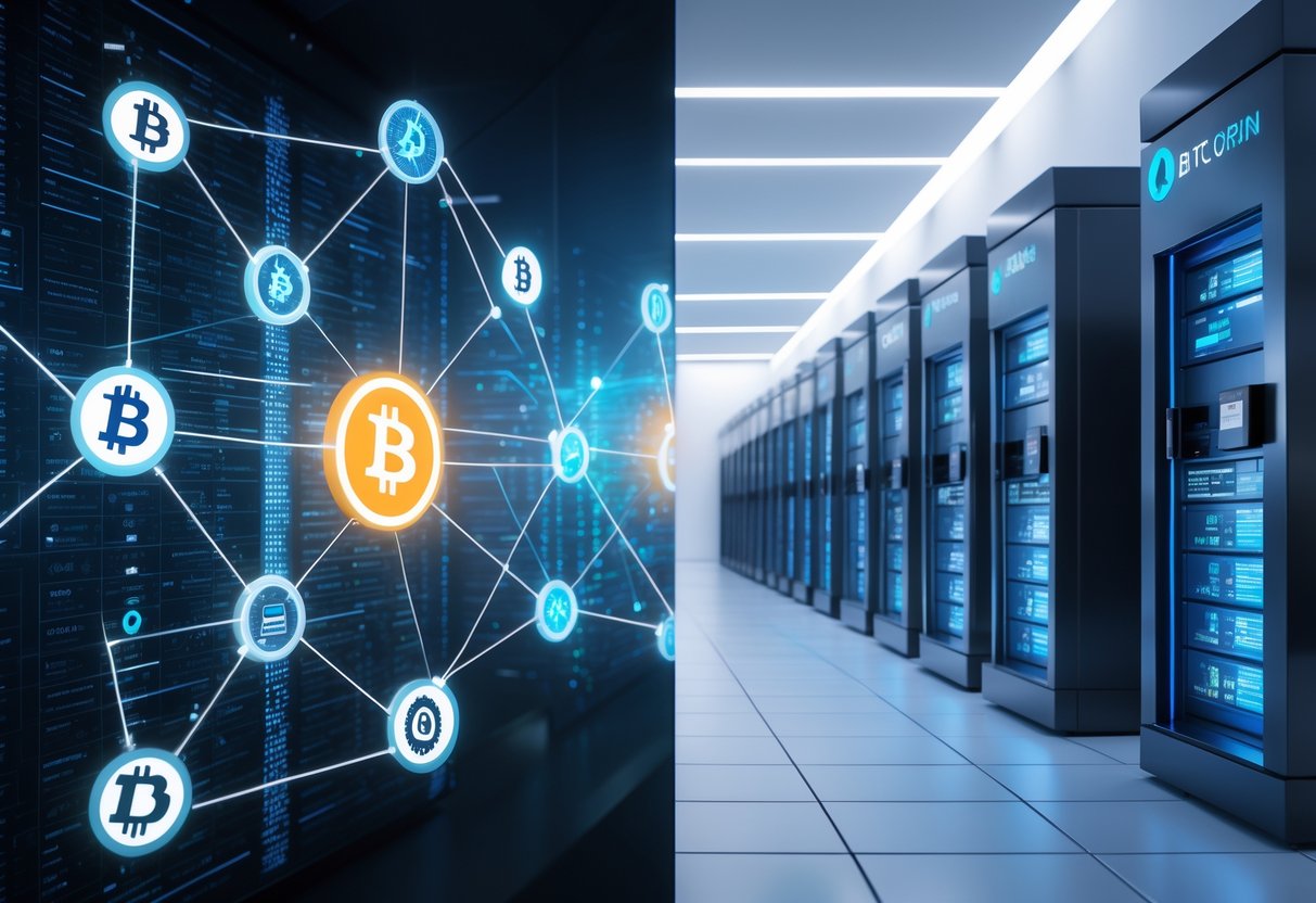 A split image showing a digital network with blockchain nodes on one side and a traditional bank building with vaults on the other, representing decentralized finance and centralized crypto lending.