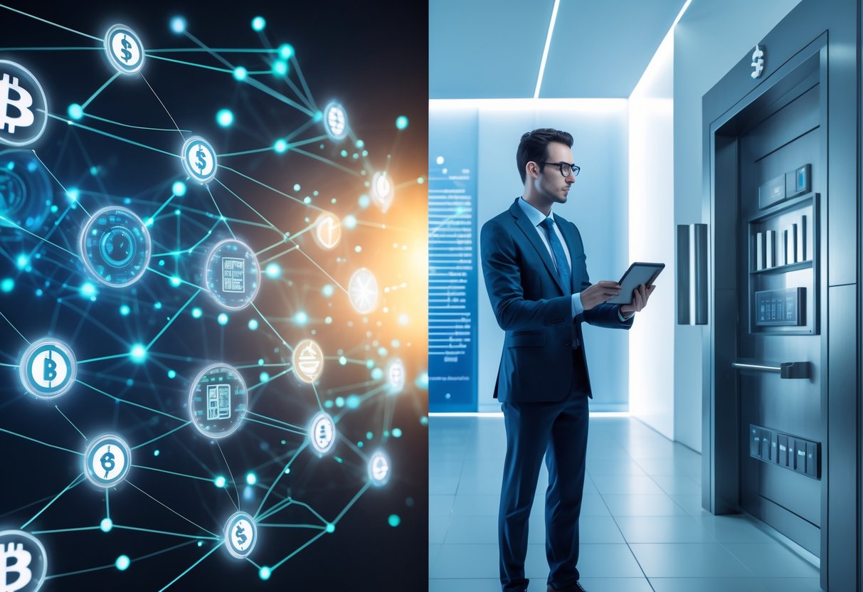 A split scene showing a digital blockchain network on one side and a traditional bank building with a businessperson on the other, representing decentralized finance and centralized crypto lending.