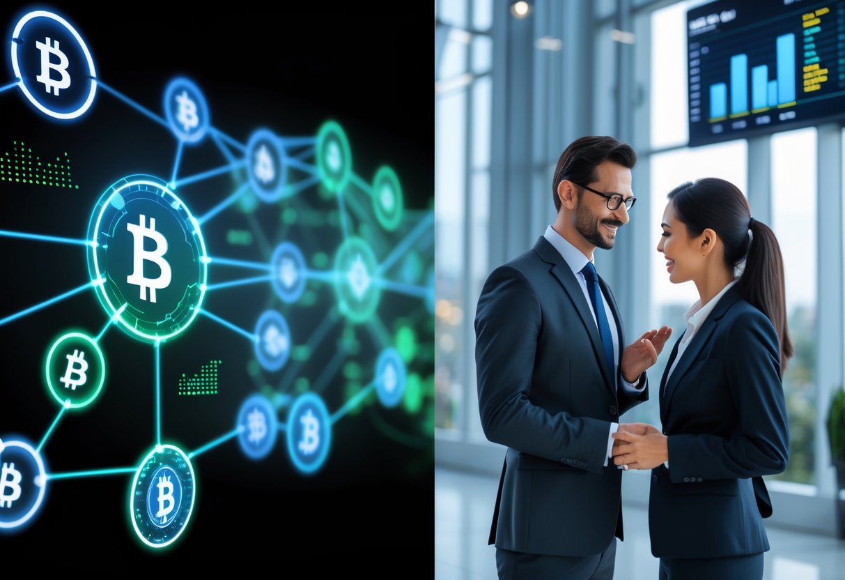 Split image showing a futuristic digital blockchain network on one side and a traditional bank setting with a professional banker on the other, illustrating the difference between decentralized and centralized crypto lending.