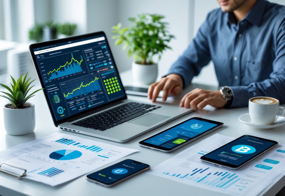 A person working at a desk with a laptop, tablet, and smartphone displaying cryptocurrency and financial charts, surrounded by documents and a coffee cup.
