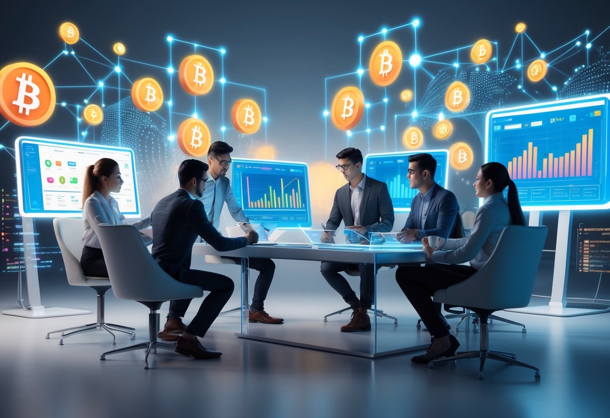 A group of young professionals working together at a modern desk with digital screens showing financial charts and blockchain icons, representing yield farming in a futuristic office.