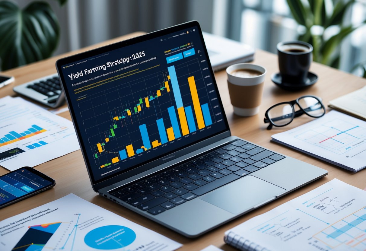 A modern workspace with a laptop displaying cryptocurrency charts, a smartphone showing a finance app, and financial documents on a desk.