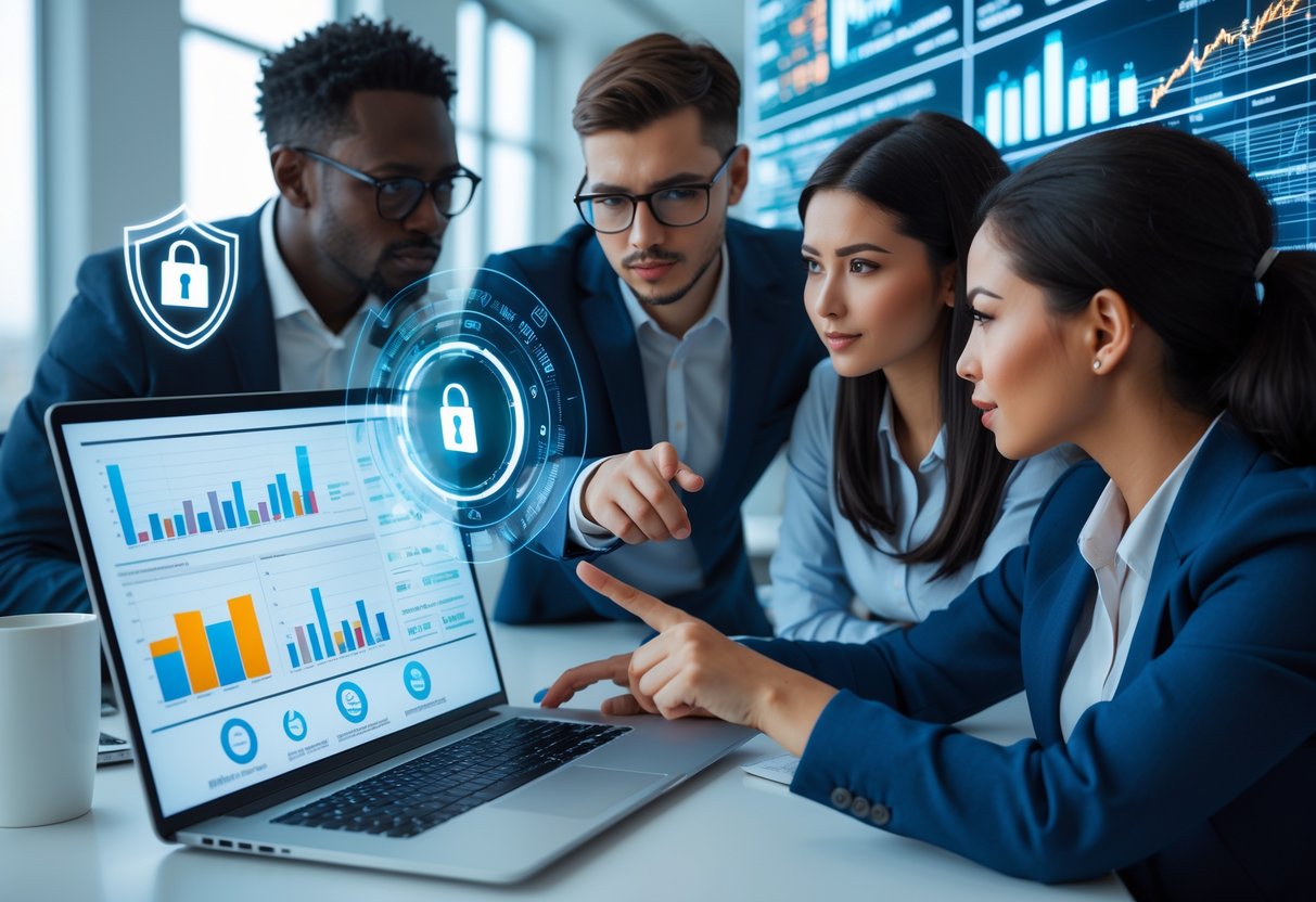 A diverse group of professionals analyzing financial charts and digital security icons on a laptop in a modern workspace.