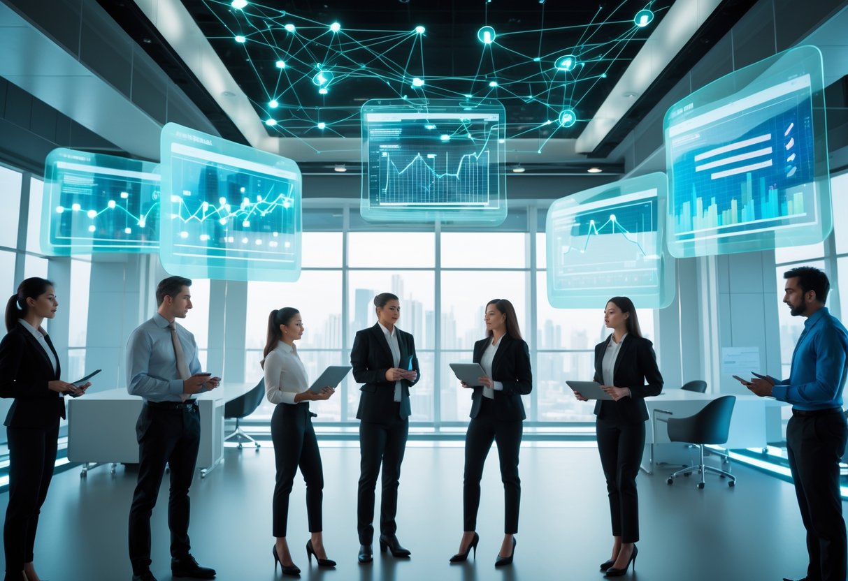 A group of professionals analyzing digital financial data with holographic charts and blockchain network visuals in a modern office setting.