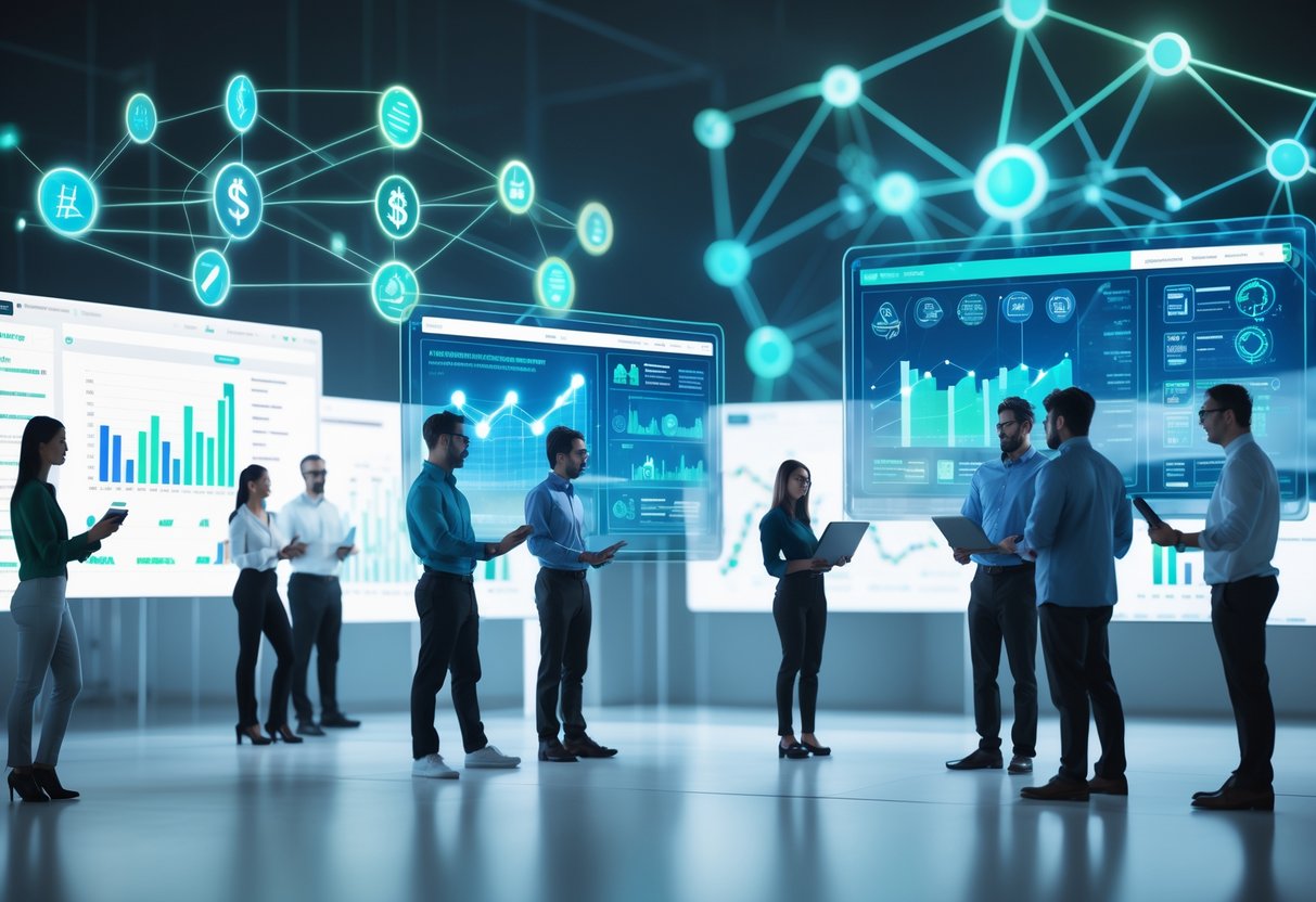 A group of professionals interacting with floating digital screens showing financial charts and blockchain network visuals in a modern workspace.