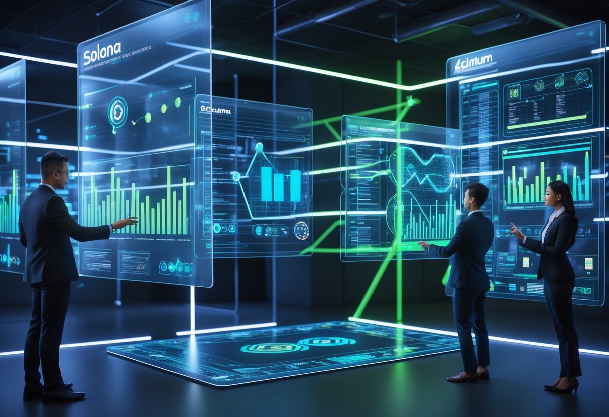 Professionals interacting with floating digital screens showing blockchain data and charts in a modern office environment.