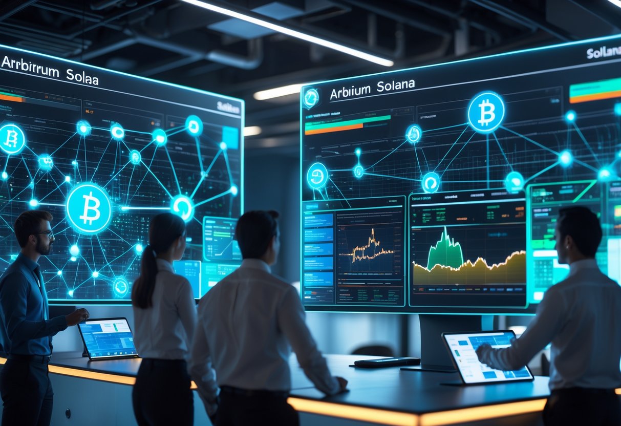 Professionals analyzing digital blockchain networks and data visualizations representing yield farming platforms in a modern tech office.