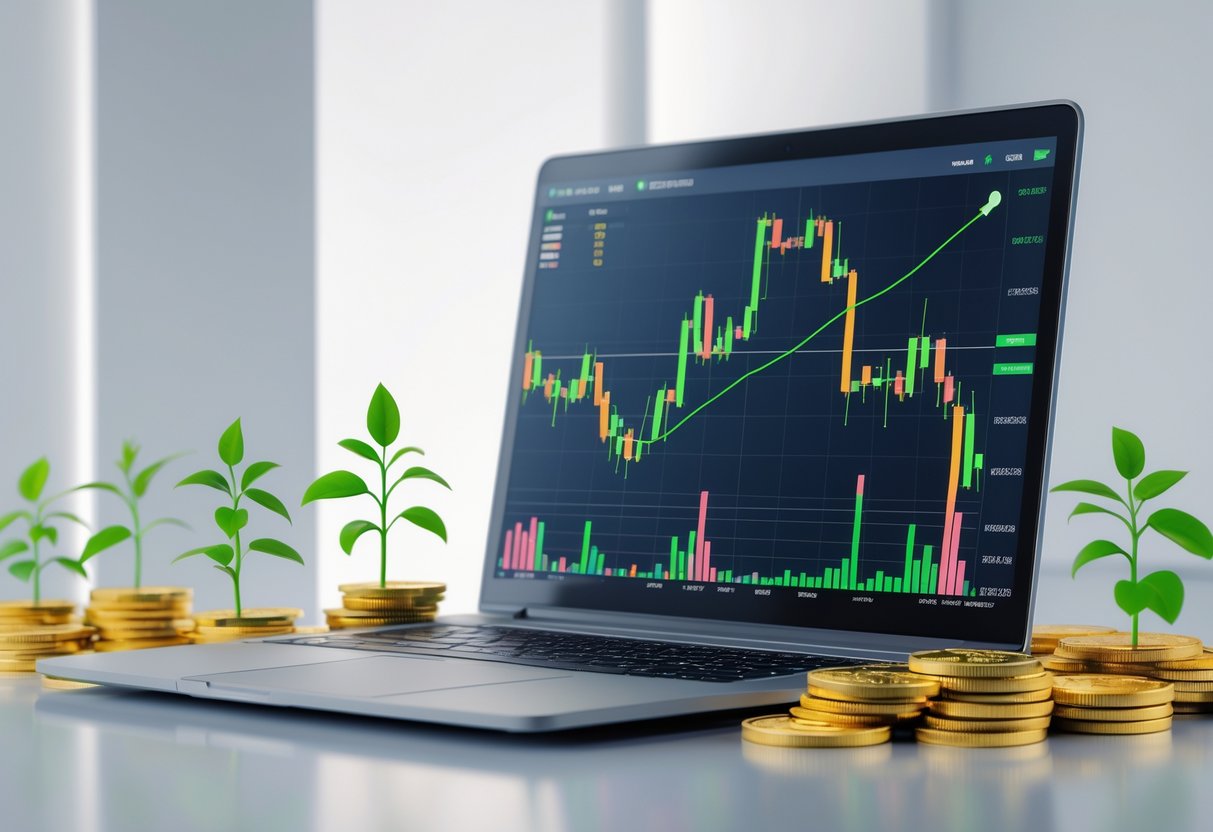 A laptop on a desk showing cryptocurrency charts with small green plants growing from digital coins around it.