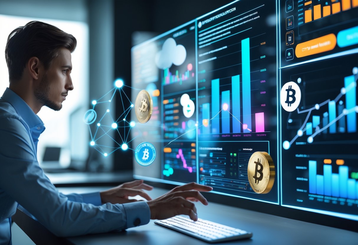 A person interacting with digital screens showing cryptocurrency graphs and blockchain network visuals in a modern workspace.