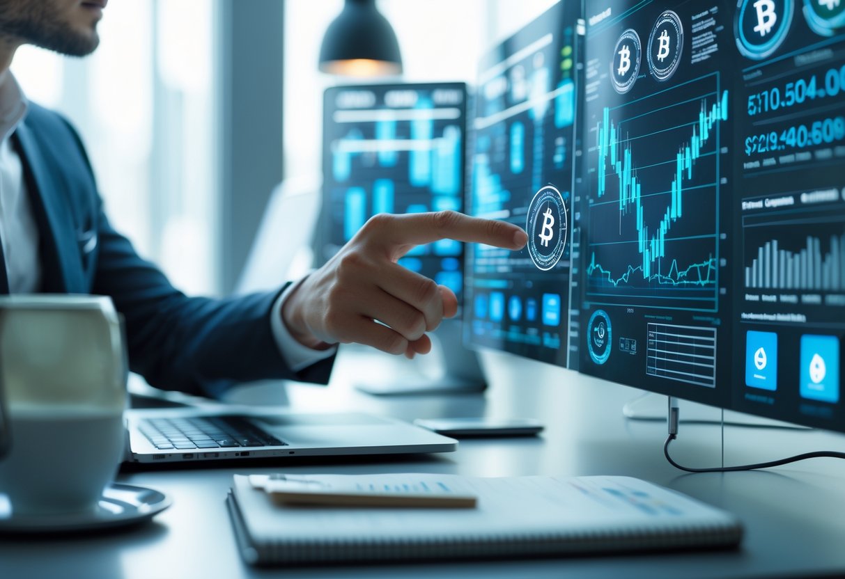 A person analyzing cryptocurrency financial data on transparent digital screens in a modern workspace.