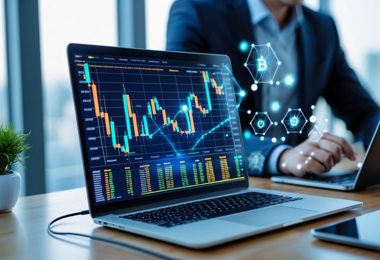 A person analyzing cryptocurrency charts on a laptop and tablet in a modern office with digital blockchain graphics around.